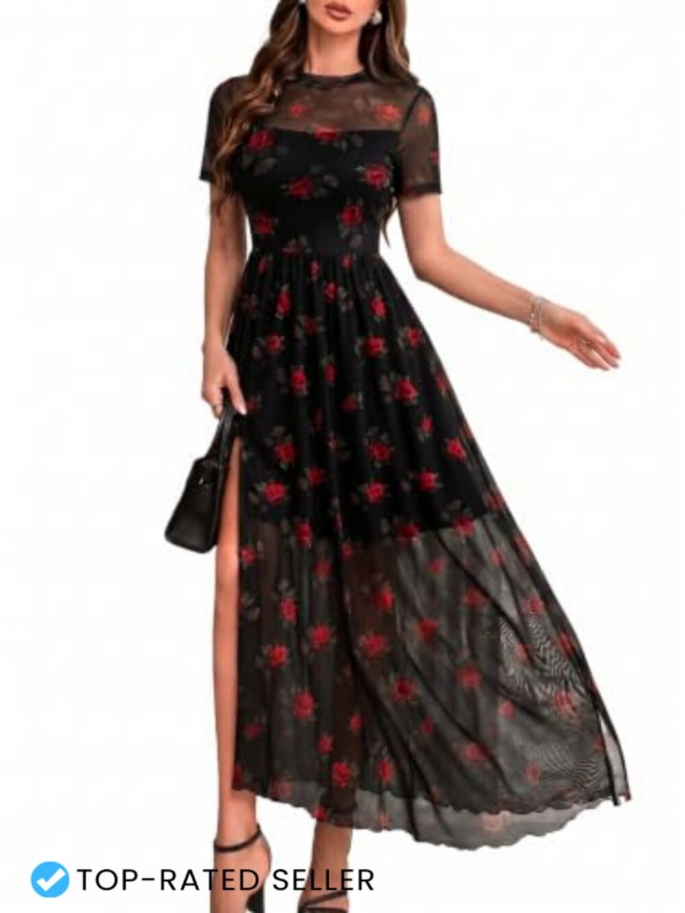 Floral Mesh Short Sleeve Maxi Dress with High Slit A-Line Wedding Guest